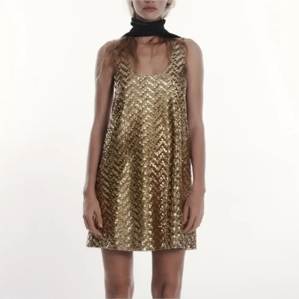 Zara Gold Sequin Sleeveless A-Line Mini Dress Scoopneck Sleeveless Size Small - Picture 2 of 10